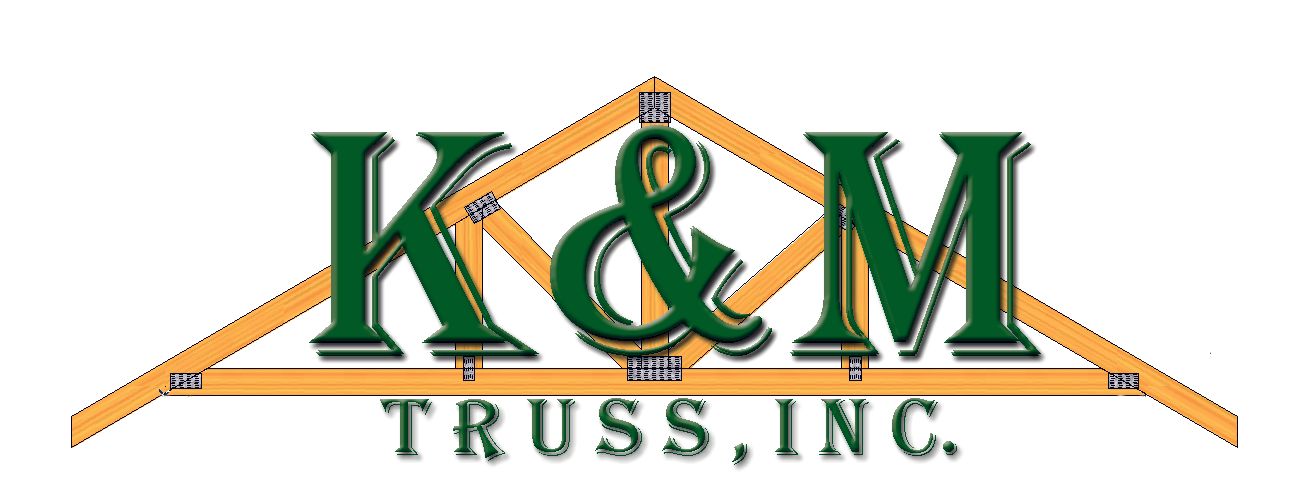 Logo of K&M Truss, Inc. featuring large green letters with an orange truss design in the background.
