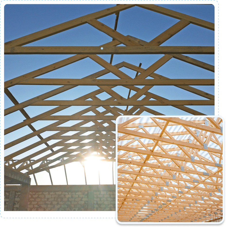Sunlight shining through the wooden framework of a roof under construction against a clear blue sky.