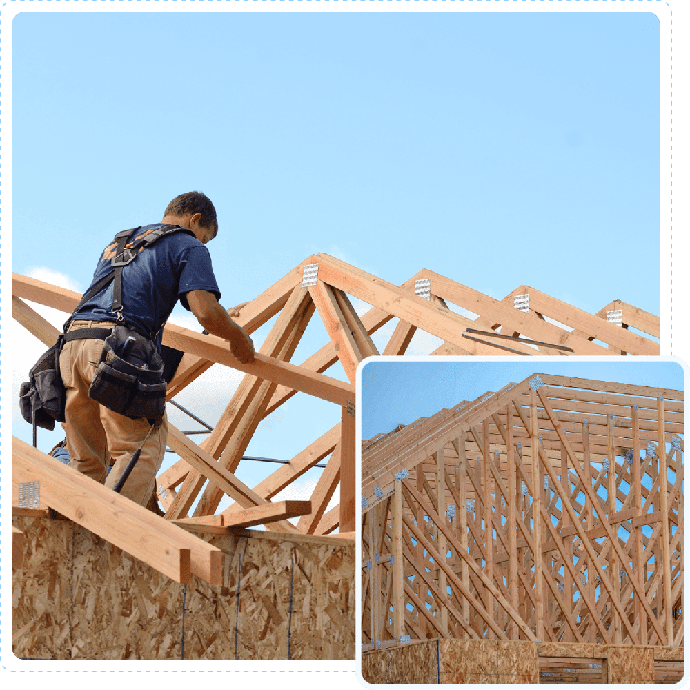 Construction workers assembling wooden frames for a house under a clear blue sky.