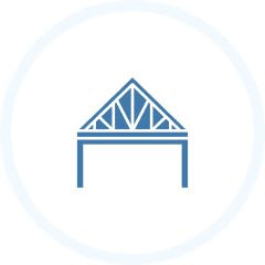 Simple blue icon of a roof truss structure within a white circular background.
