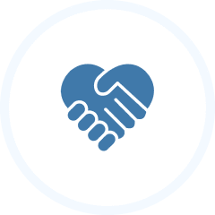 Blue icon of two hands shaking, forming a heart shape on a white circular background